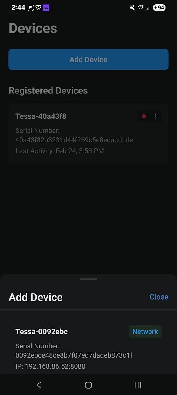 Tessa Listener found - touch name to pair